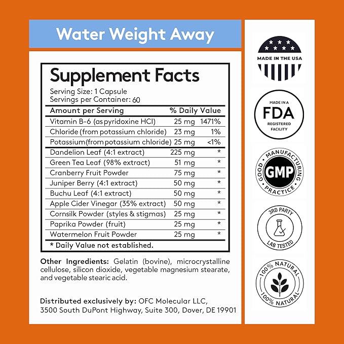 Youth & Tonic Natural Water Weight Away Pills for Belly Bloating, Water Retention & Fluid Loss – Herbal Diuretics for Swollen Legs, Feet, and Swelling – Dandelion Diuretic for Women & Men – 60 Caps
