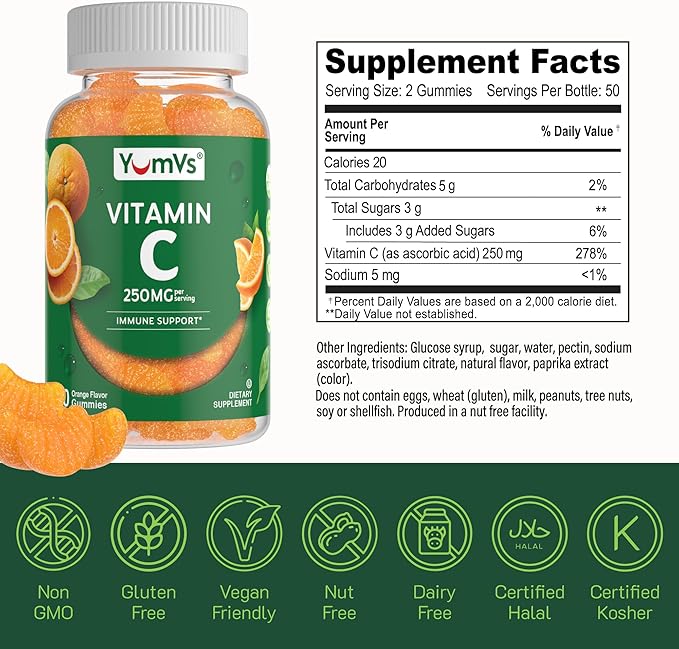 YumVs Vitamin C Gummies for Adults - 250 mg Orange Flavored Vitamin C Gummy - Vitamin C Chewable Immune Gummies for Adults - Immune Support Supplement - Kosher, Halal, Gluten Free (200 Count), 2 Pack