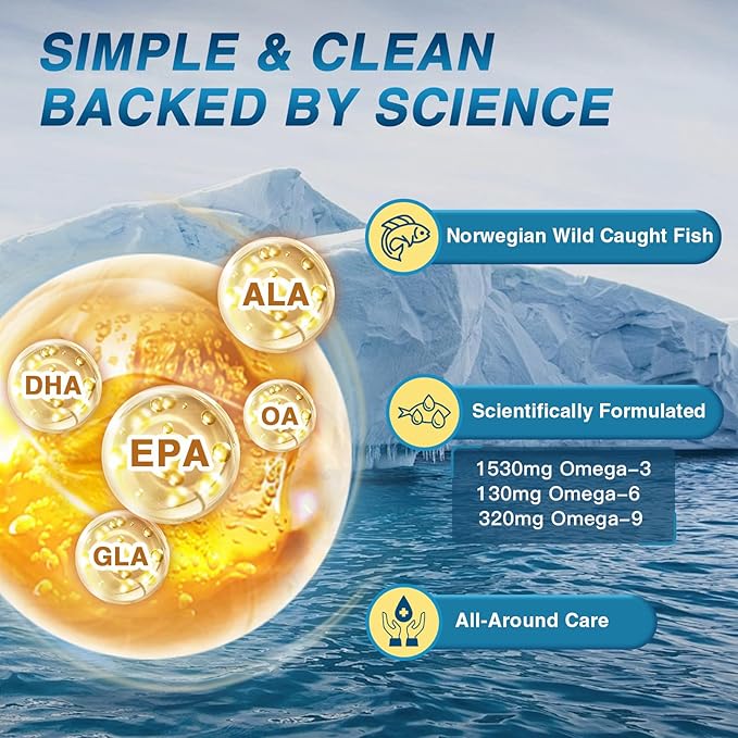 Triple Omega 3 6 9, Fish Oil 2400mg Softgels with Vitamin D3 & E - EPA & DHA & ALA - Supports Heart, Brain, Joint & Immune Health, Sustainably Sourced, Non-GMO