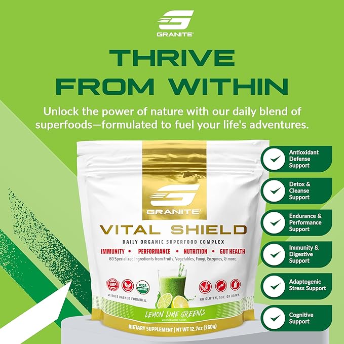 Granite Supplements Vital Shield - (30 Servings) Greens Superfood Powder - Fruit & Vegetable Super Foods Powder for Performance, Gut Health, Immunity & Nutrition, Lemon Lime Berry Greens