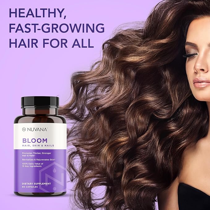 Bloom Biotin 5000mcg B7 for Healthy Hair Growth, Supports Hair Loss, Beautiful Skin & Strong Nails with Hyaluronic Acid, Collagen, Folate, Vitamin E, A, B6 | Made in USA