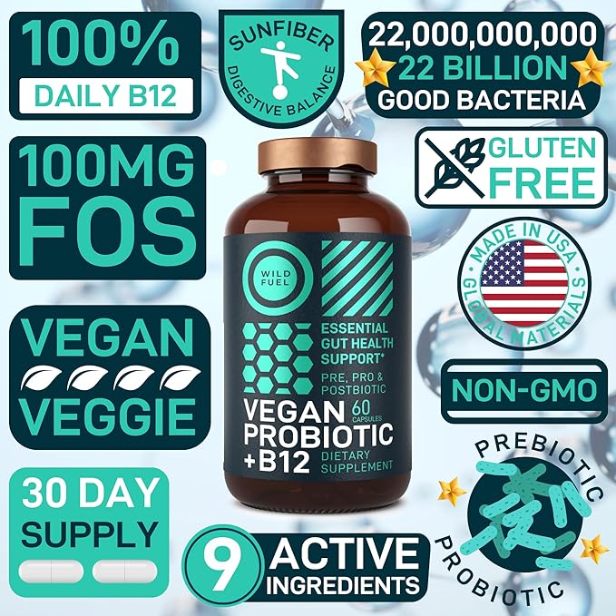 Vegan Probiotic Plus B12-22 Billion CFU Synbiotics Probiotics & Prebiotic for IBS, Digestive & Gut Health, Mood Support - B12 with FOS Pre Pro Post Biotics for Women & Men - 60 Gluten-Free Capsules