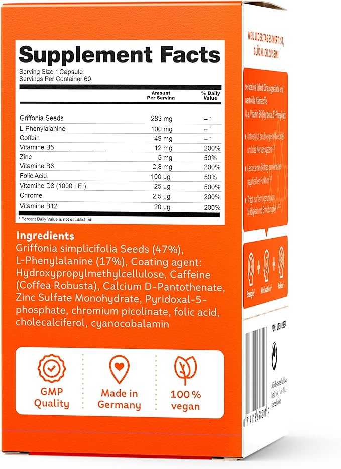 Original Energy Brain Supplement for Focus, Concentration & Cognitive Function - 60 Vegan Capsules with Vitamins B6, B12 & D3, 5-HTP & Phenylalanine - Winner German University Award