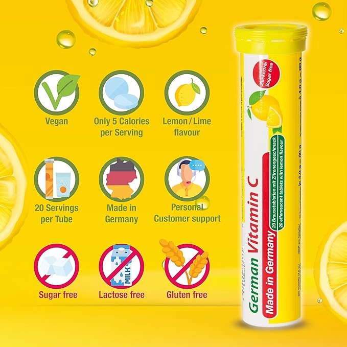 T&D German Vitamin C 180 mg - 140 Vegan Drink Effervescent Tablets - Lemon Lime Flavor - Made in Germany