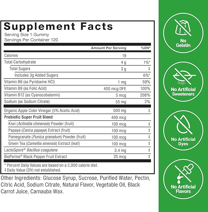 Force Factor ProbioSlim Apple Cider Vinegar Gummies with Organic , LactoSpore Probiotics and Prebiotics to Support Digestion, Metabolism, and Immune Health, 120 Count (Pack of 1)