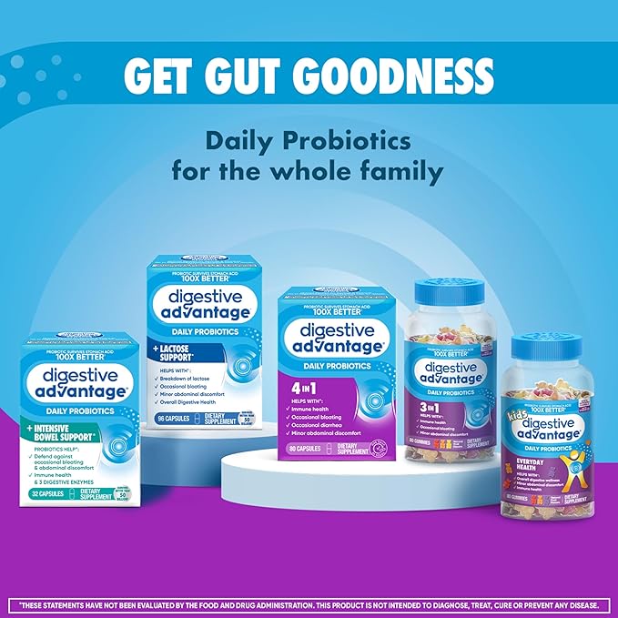 Digestive Advantage Probiotics For Digestive Health, Kids Probiotic Gummies, Daily Probiotics For Women, Men & Kids Minor Abdominal Discomfort, & Gut Health, 80ct Natural Fruit Flavors