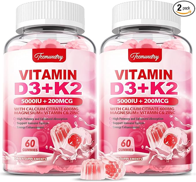 Vitamin D3 K2 Supplement for Adults - Vitamin D3 5000 IU + K2 200 mcg - Vit D3 K2 Gummies with Calcium 600mg Magnesium Zinc & Vitamin C for Women Men - Supports B0ne, Muscle Immune - 120 Count