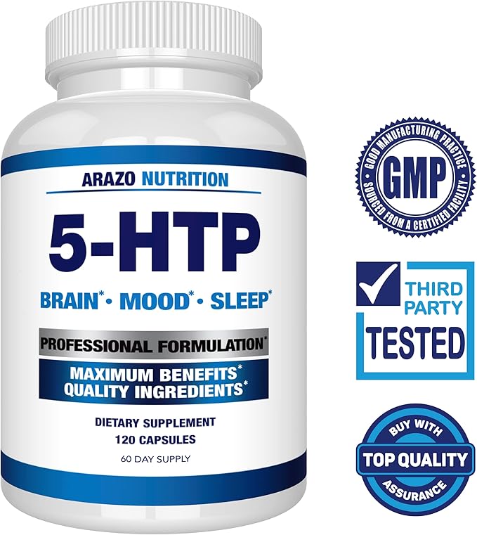 Arazo Nutrition 5-HTP 200 MG Plus Calcium for Mood, Sleep – Supports Calm and Relaxed Mood – 99% High Purity – 120 Capsules