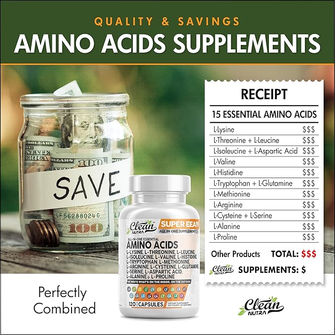 Amino Acids Supplement L-Lysine, L-Threonine, L-Leucine, Isoleucine, Valine, L-Histidine, L-Tryptophan, L-Methionine, L-Arginine, L-Cysteine, L-Glutamine, L-Serine, Aspartic Acid, Alanine, L-Proline