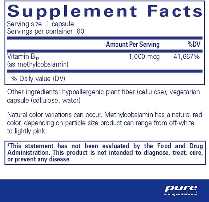 Pure Encapsulations Methylcobalamin 1,000 mcg - Vitamin B12 Supplement to Support Memory & Nerve Health - Premium Vitamin B12 Capsules - 60 Capsules