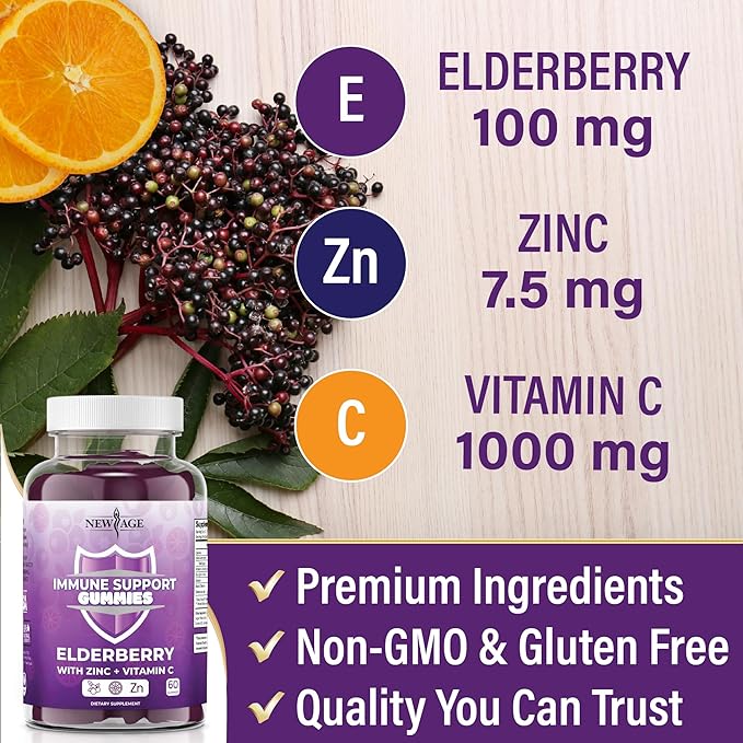 NEW AGE Immune System Support Gummies - Sambucus Black Elderberry Gummies with Vitamin C and Zinc (Immune Support 60 Gummies)