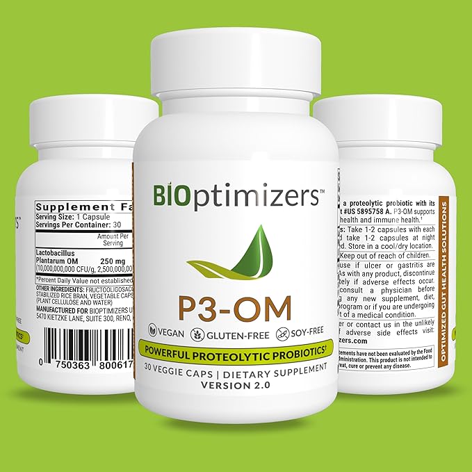 BiOptimizers P3-OM Proteolytic Prebiotics & Probiotics Supplement – Lactobacillus Plantarum for Digestive & Immune Health – Bloating & Gut Relief Support for Men & Women (30 Vegan Capsules)