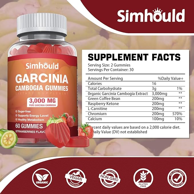 1 Pack Sugar Free Garcinia Cambogia Gummies - 3000mg 95% HCA with L-Carnitine, Energy Boost, Strawberry Flavor Gummy Easier to Take Than Pills & Capsules 60 Counts