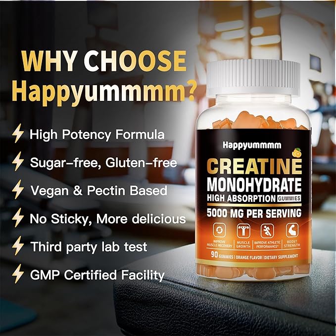 Creatine Monohydrate Gummies 5g for Men Women - Sugar Free Chewable Supplement. 180 Gummies Orange.