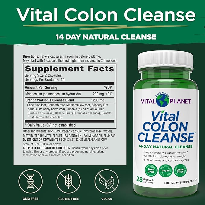 Vital Planet – Vital Colon Cleanse 14-Day Colon Cleanser and Detox with Magnesium Hydroxide, Slippery Elm, and Aloe for Digestive Health Support, Occasional Constipation, and Bloating 28 Capsules