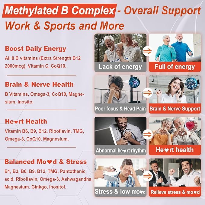 Vitamin B Complex Filled Gummies for Women & Men, Methylated B Complex w/Omega 3, Magnesium,CoQ10, Ashwagandha,Vitamin C, TMG -All B - B1,B2,B3,B5,B6,B7,B9 Folate,B12,Inositol,PABA, Sugar Free, 2 Pack