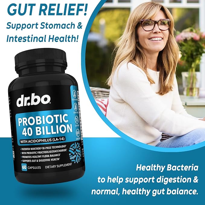 Probiotic 40 Billion CFU Supplement - Lactobacillus Acidophilus Probiotics for Women & Men Capsules - Gluten Free Probiotics for Digestive Health Pills with Bifidobacterium, Plantarum, Paracasei, FOS