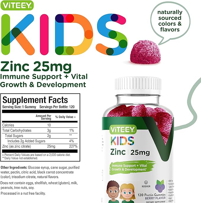Zinc for Kids Gummies, 25mg - Immune Support for Kids & Teens - Powerful Natural Antioxidant, Kids Zinc Vitamin Supplement - Vegan, Gelatin Free, Gluten Free - Tasty Chewable Berry Flavor Gummy