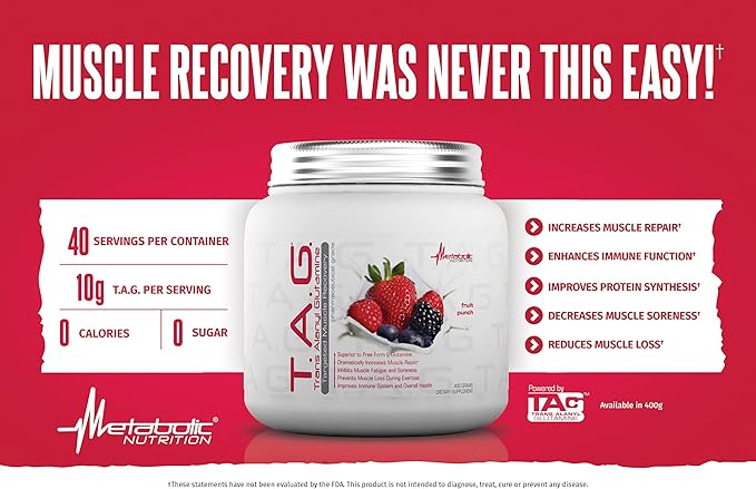 Metabolic Nutrition, TAG, Trans Alanyl Glutamine, 100% L-Glutamine Peptide Powder, Pre Intra Post Workout Supplement, 400 Grams (40 Servings) (Blue Raspberry)
