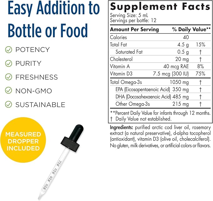 Nordic Naturals DHA Infant, Unflavored - 2 oz - 1050 mg Omega-3 + 300 IU Vitamin D3 - Supports Brain & Vision Development in Babies - Non-GMO - 12 Servings