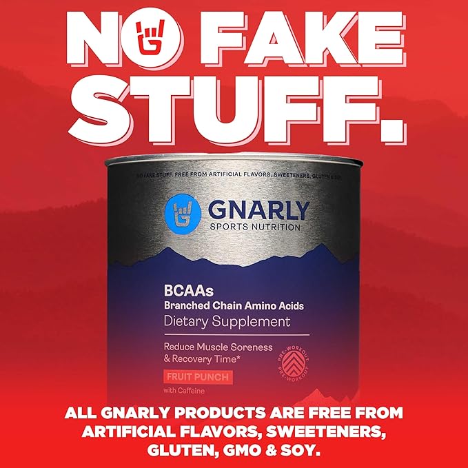 Gnarly Nutrition BCAA Powder - Pre-Workout BCAAS Amino Acids, NSF Contents Certified, Supplement to Support and Rebuild Muscle - Fruit Punch, Caffeine (10.58oz)