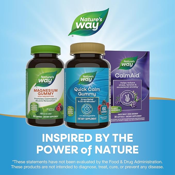 Nature's Way Quick Calm Gummies, L-Theanine for Relaxation*, Fast-Acting, Stress Relief from L-Theanine Within 30-60 minutes*, with Ashwagandha, Vegetarian, Mixed Berry Flavored, 60 Gummies