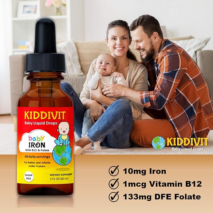 Kiddivit Baby Iron Liquid Drops with Vitamin B12 & Folate - 60 Daily Servings, 2 Fl Oz (60 mL) - Inulin Fortified (Prebiotic, Dietary Fiber) - Sugar Free, Gluten Free, Vegetarian Friendly