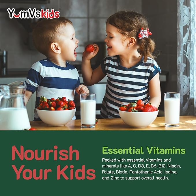 YumVs Kids Multivitamin Gummies - Fruit Flavored Chewable Children's Multivitamin - Kids Vitamins Multivitamin Gummy with 12 Minerals & Vitamins A C D3 E B6 B12 - Kosher Halal Gluten Free (60 Count)