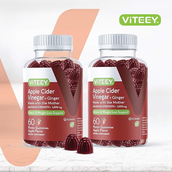Apple Cider Vinegar Gummies 1,000mg Plus Ginger, ACV with The Mother, Detox Cleanse for Weight Loss and Immune Support, Vegan, Gluten Free, Gelatin Free, GMO Free - Chewable Apple Flavored Gummy