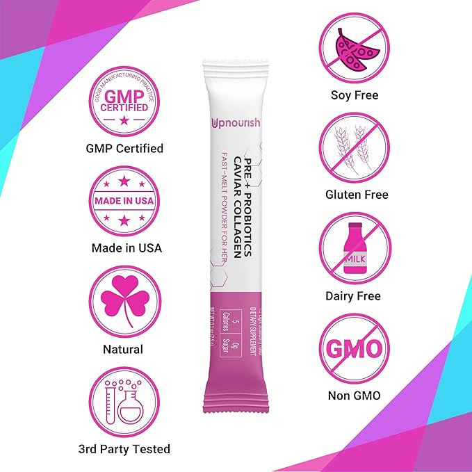 UpNourish Prebiotics, Probiotics and Caviar Colalgen for Women's Digestive & Weight Wellness, Skin Radiance, Joint Mobility, Feminine Health with Cranberry Extract & D-Mannose, 30 Fast-melt Packets