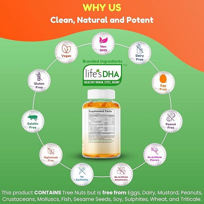 Vegan Omega 3 Gummies for Adults | No Fish Oil Burps | 60 Gummies | Plant Based w/Chia Oil, Algae | Omega 3 6 9 w/DHA, Vitamin C | for Brain, Cardiovascular & Immune Support Halal