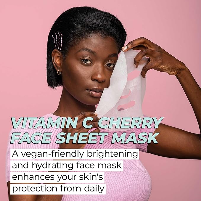 Vitamasques Vitamin C Cherry Face Sheet Mask 7 Pack - Brightens, Protects & Boosts Hydration with Antioxidants, Vitamin C and Ferulic Acid - Natural - Vegan, Free from Parabens & Gluten