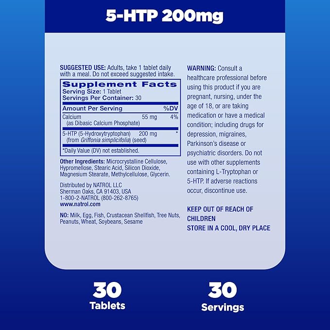 Natrol Mood + Stress 5-HTP 200mg Time Release Tablets, 30 Count, 30 Day Supply