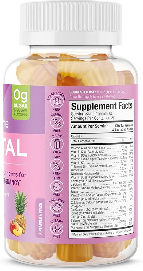 Complete Prenatal - Enriched with Calcium, Vitamin K2, Vitamin B12 and More Gummies - Easy to Chew - Non GMO, Gluten Sugar Free - Pineapple Peach Flavored Gummy Vitamins, 60 Count