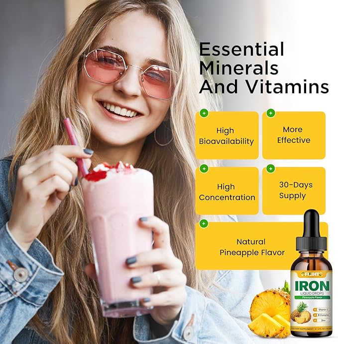 Liquid Iron Supplement for Women Men & Kids Multivitamin Iron Drops with Folate, Vitamin C, B6, B12, Zinc for Anemia, Iron Deficiency, Blood Builder, Energy - Natural Pineapple Flavor, Vegan 4 Fl Oz