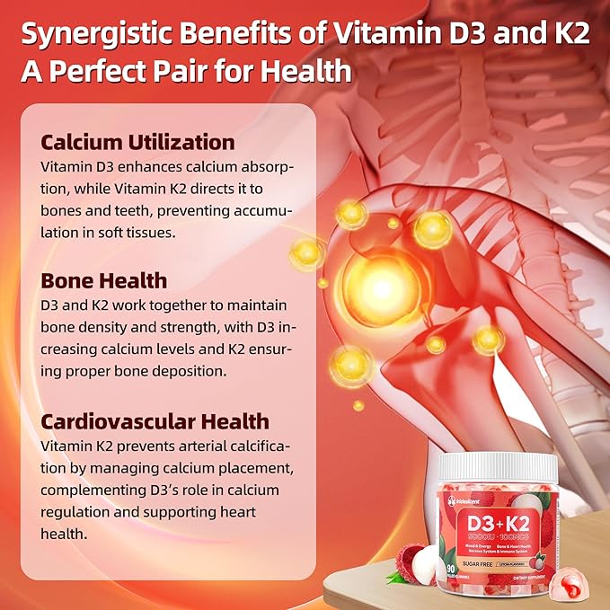 Vitamin D3 K2 Gummies w/Magnesium Sugar Free - 90 Count | D3 Vitamin 5,000 IU + K2(MK-7) 100 mcg - Vegan K2 D3 Vitamin Supplement, Highly Absorbent Supports Bone, Muscle, Mood & Immune(Lychee Flavor)