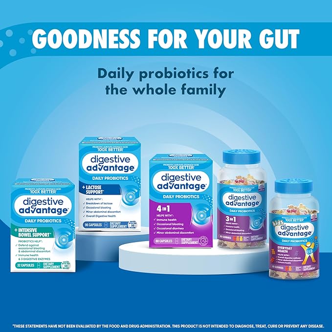 Digestive Advantage Probiotics + Lactase Digestive Enzymes For Digestive Health, Daily Probiotics For Women Men Occasional Bloating, Lactose Breakdown, Minor Abdominal Discomfort, Immune Support, 96ct