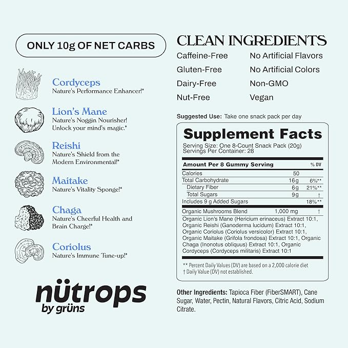 Gruns Nutrops Functional Nootropics Mushroom Gummies, Herbal Brain Supplement Gummy for Energy, Brain Health, Cognitive Support, Mood & Focus - Cordyceps, Lions Mane, Reishi, Chaga & Coriolus Blend