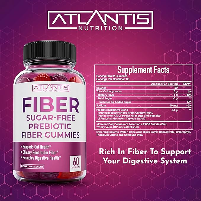 Atlantis Nutrition Sugar Free Fiber Gummies for Adults - 5G Fiber Supplement Formulated with 5.4G Prebiotic Digestive Blend - Supports Gut Health & Promotes Healthy Digestion - 2-Pack 120 Gummies