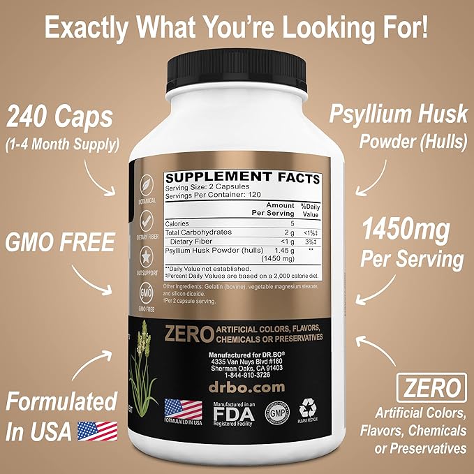 Psyllium Husk Capsule Fiber Supplement - Natural Powder Capsules for Constipation Relief for Adults - Nutritional Soluble Fiber Pills & Daily Regularity Support - Bulk Seed Husks Digestion Supplements