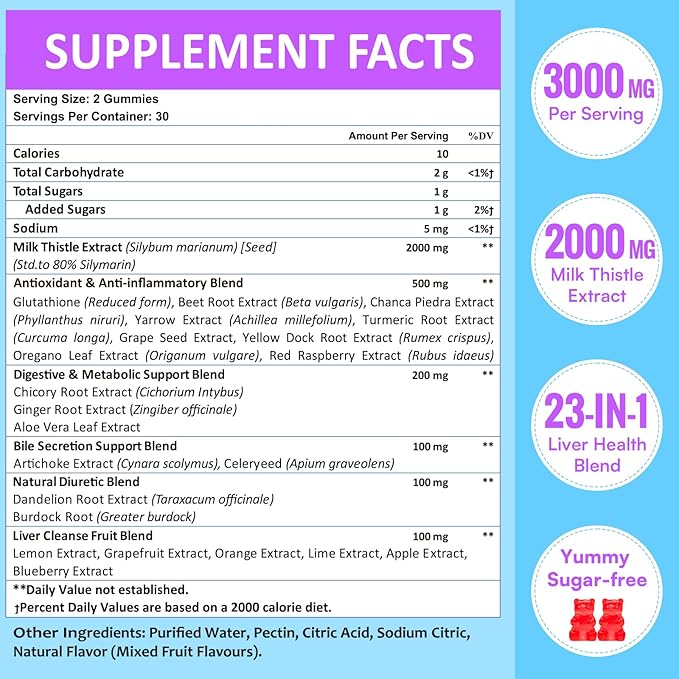3000mg Liver Cleanse Detox & Repair Gummies | Milk Thistle 2000mg with Turmeric Dandelion Root & Artichoke for Liver Detox, Liver Support & Renew, Antioxidant, Gut, Skin - Fruit Flavor, 60 Gummies