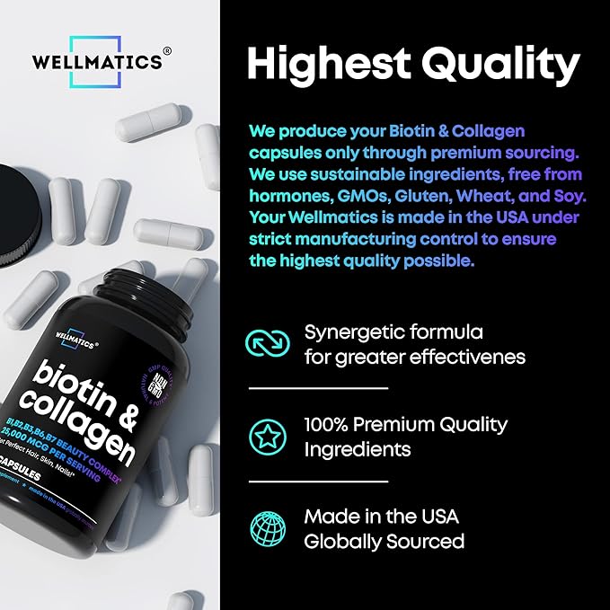 Biotin and Collagen Supplements - Hair Growth Vitamins - Made in USA - Hair and Nails Vitamins for Women - Biotin Vitamins for Hair Skin and Nails - Vitamin B Complex - Hyaluronic Acid - 60 Caps