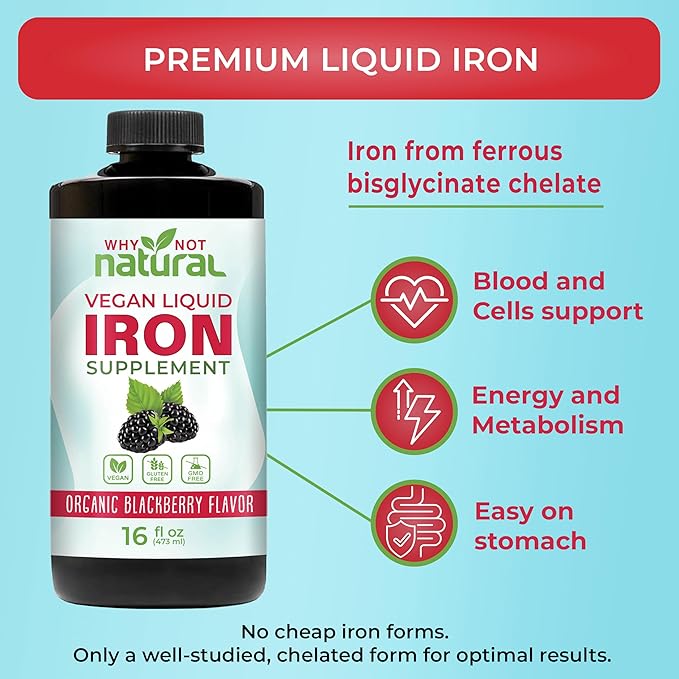 Why Not Natural Liquid Iron Supplement for Women, Men and Kids, Vegan Formulation for Anemia, Sugar Free, Vegan, Non-GMO, Gluten Free, Organic BlackBerry Flavor 16 Fl Oz