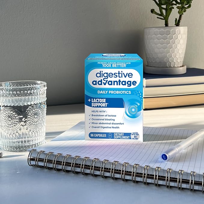 Digestive Advantage Probiotics + Lactase Digestive Enzymes For Digestive Health, Daily Probiotics For Women Men Occasional Bloating, Lactose Breakdown, Minor Abdominal Discomfort, Immune Support, 96ct