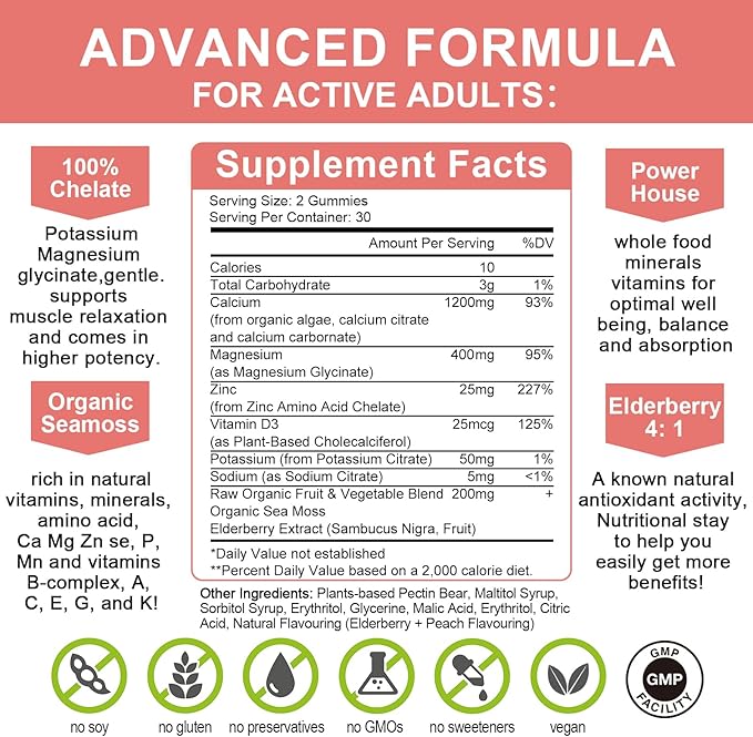 1200mg Calcium Gummies with D3,K2,Zinc - Plant Complex Calcium Magnesium Supplement with Glycinate,Potassium,Vitamin C &Whole Natural Food for Bone & Immune Support- 60 Chewable Gummy Sugar-Free