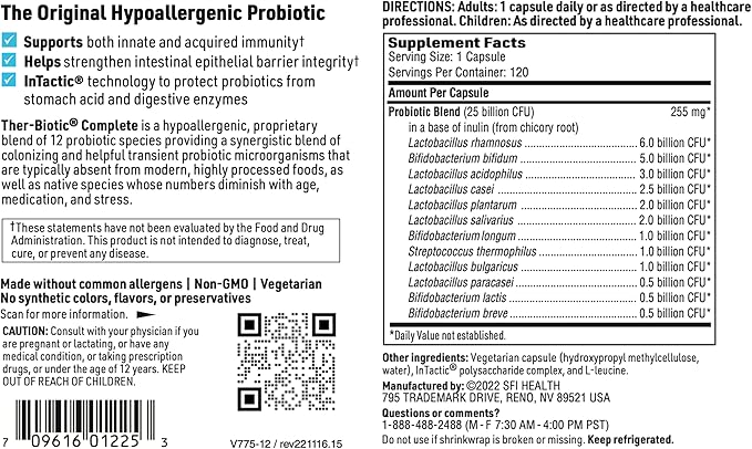 Klaire Labs Ther-Biotic Complete - 25 Billion CFU Probiotic Supplement - Hypoallergenic Probiotics for Men + Women - Digestive, GI Health + Immune Support - Dairy-Free (120 Caps / 2 Pack)