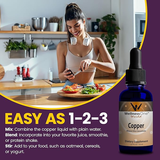 WellnessOne Liquid Copper Supplements - Immune Support Copper Sulfate Also Great for Joint, Nerve & Bone Health - Copper Supplement Drops Maximizes Iron Absorption for Kids, Men & Women - 1.67 fl oz