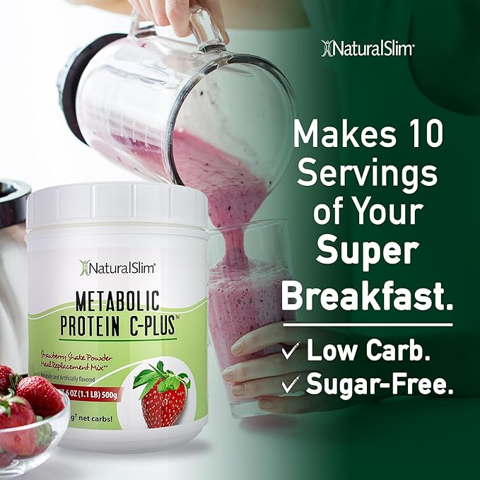 NaturalSlim Strawberry Metabolic C-Plus Meal Replacement Protein Powder - Low Carb Protein Shake with Immune Support Fortified with Vitamin C, Zinc & Amino Acid - 10 Servings 17.6 oz