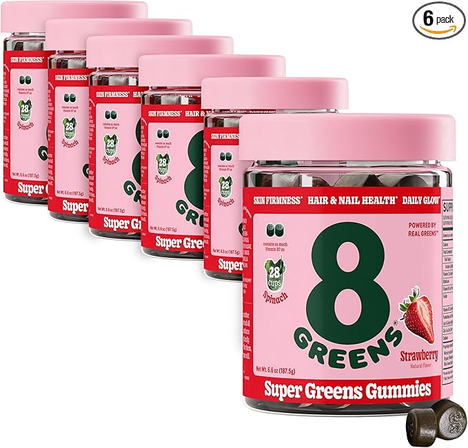 8Greens Supergreens Beauty Gummies with Collagen & Biotin | Super Greens Powder Superfood Gummy for Healthy Skin, Hair, Nails, Glow, and Firmness, Superfood Booster, Strawberry Flavored, 300 Count