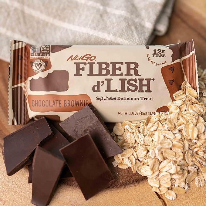NuGo Fiber D'lish Variety Chocolate Brownie & Peanut Chocolate Chip, 12g High Fiber, Vegan, 5 Bars Each, 10 Count